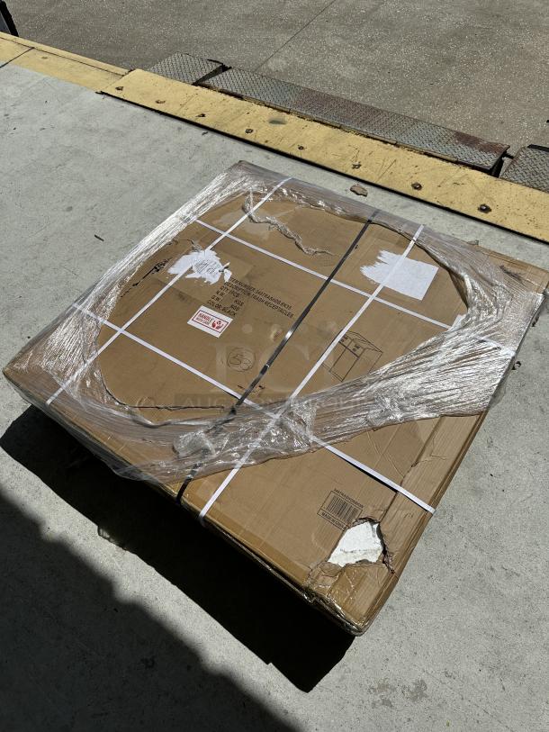 Lancaster Table & Seating 50-gallon black waste receptacle enclosure in packaging. Model 349TRASHDBBK35. Box damaged.