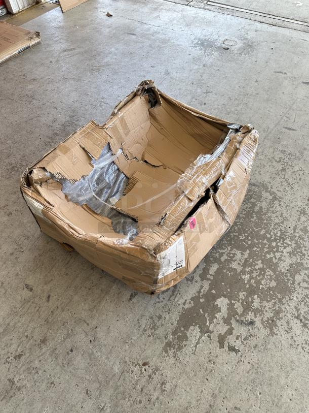 Lancaster Table & Seating black outdoor trash can body in damaged packaging, new with scratches and dents.