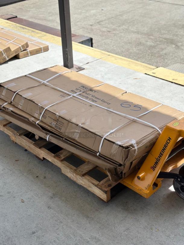 Brand new Regency NSF green wire security cage, model 460EGSC1848, in packaging on pallet. Dimensions: 18" x 48" x 61".