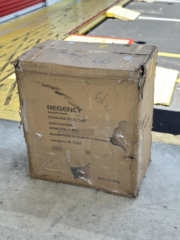 Boxed Regency 18" x 30" four-shelf stainless steel utility cart, model 600CT4S1830E. Packaging is damaged. Made in China.