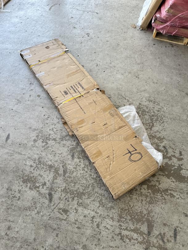 Brand new Regency 18-gauge galvanized steel shelf, model 600UT2484G, packaged with visible dents.