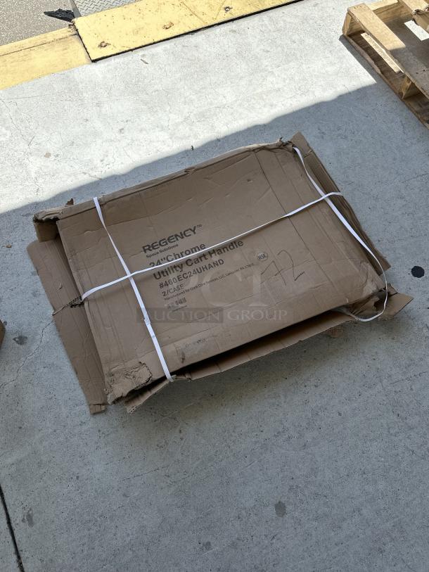 Regency 24" Chrome Utility Cart Handle, Model 460EC24UHAND, new with scratches and dents, in original packaging.
