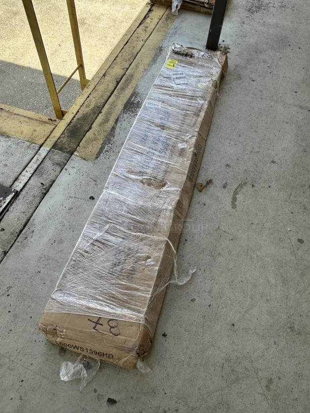 Regency stainless steel wall shelf, model 600WS1596HD, packaged. New with scratch and dent, 15"x96", heavy-duty, 16-gauge.