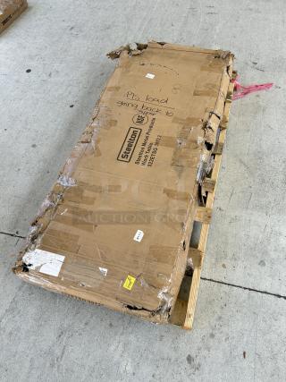 Damaged packaging of a brand new Steelton 30"x72" stainless steel work table, model 522ETSG30722, on pallet.