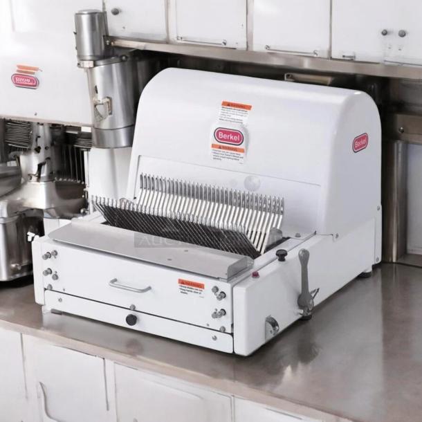 Berkel MB 1/2 bread slicer in excellent condition, fully tested, 115V. White finish with visible brand labels and operational levers.