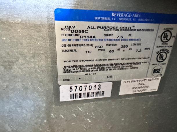 Beverage-Air DD58C draft beer dispenser label showing 115V, R134A refrigerant, UL and NSF certifications, in excellent condition.