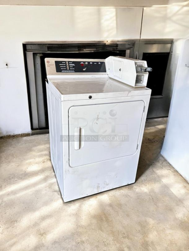 GE DCCD330ED2WC commercial electric dryer, 240V, excellent condition. Fully tested, white exterior with control panel.