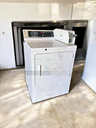 GE DCCD330ED2WC commercial electric dryer, 240V, excellent condition. Fully tested, white exterior with control panel.