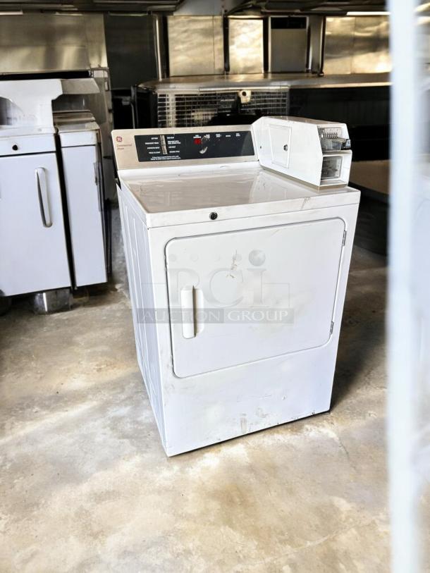 GE DCCD330ED2WC commercial electric dryer, excellent condition, 240V, fully tested, white exterior, visible control panel.