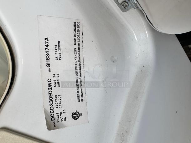 GE DCCD330ED2WC commercial electric dryer label, model details, serial number GH834747A, 240V, excellent condition, fully tested.