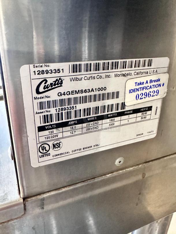 Curtis G4GEMS63A1000 coffee brewer label, serial 12893351, 1.5-gallon capacity, 120/220V, UL and NSF listed, excellent condition.