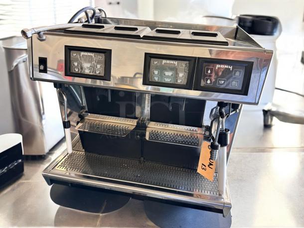 Pony Espresso PONY 4, 2-group commercial espresso machine, 220V, excellent condition, fully tested and working, control panels displayed.
