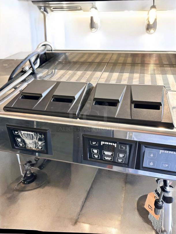 Excellent condition Pony Espresso PONY 4, 2-group commercial espresso machine, 220V, fully tested, digital controls visible.