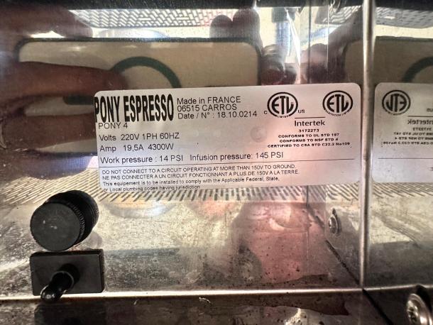 Pony Espresso PONY 4, 2-group commercial espresso machine, 220V, excellent condition, fully tested, label details specs.