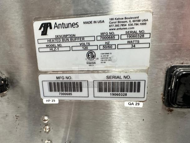 Antunes HLZ-1 Heated Bun Buffer in excellent condition, 120V, fully tested. Visible serial number: 19060328, MFG No: 7000685.