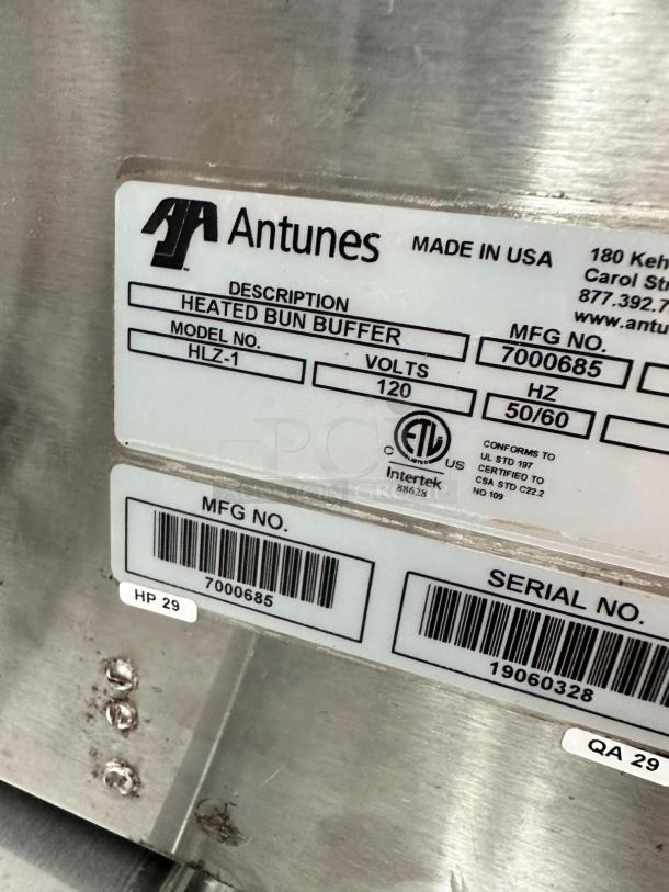 Antunes HLZ-1 Heated Bun Buffer, 120V, excellent condition, fully tested, showing label with model and serial numbers.