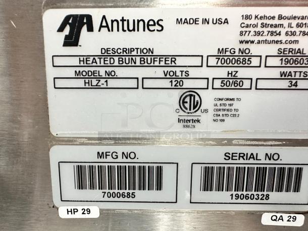 Antunes HLZ-1 Heated Bun Buffer, 120V, excellent condition. Labels show model, serial, and certification details.