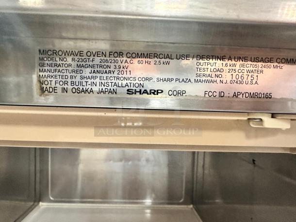 Sharp R-23GT-F commercial microwave oven in excellent condition. Fully tested, 208/230V, manufactured January 2011.