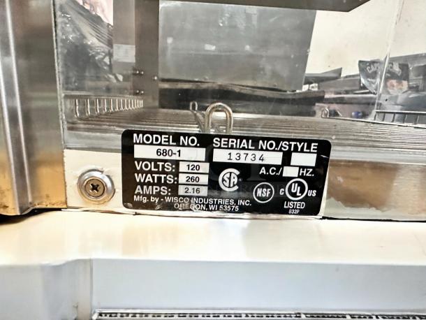 Wisco 680-1 Food Warmer/Display Cabinet, 120V, excellent condition, fully tested, model 680-1, 260 watts, 2.16 amps.