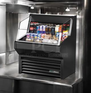 True THAC-36 refrigerated air curtain merchandiser, 115V, excellent condition, fully tested, stocked with drinks and snacks.