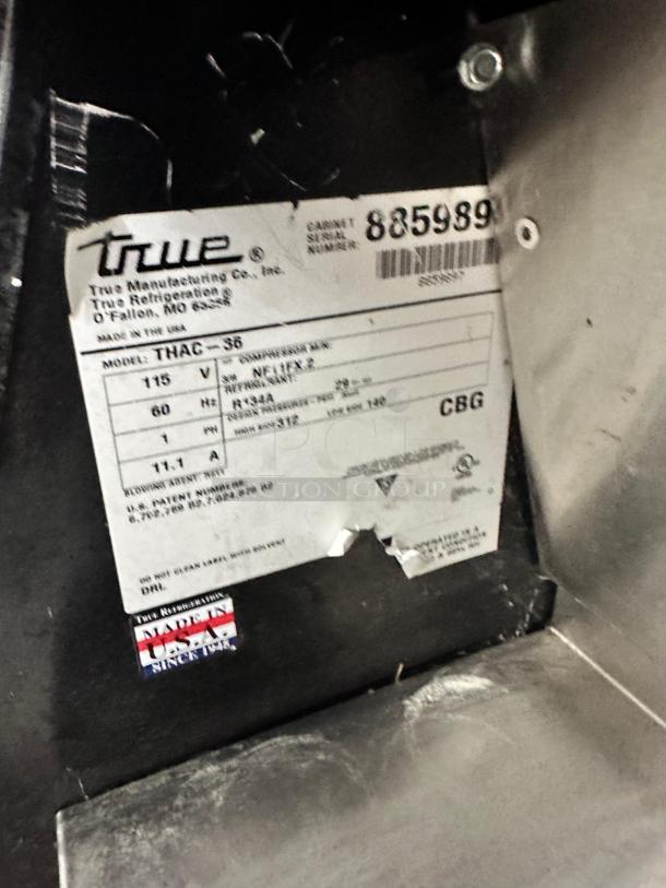 True THAC-36 Refrigerated Air Curtain Merchandiser label, 115V, fully tested, excellent condition, model and serial numbers visible.