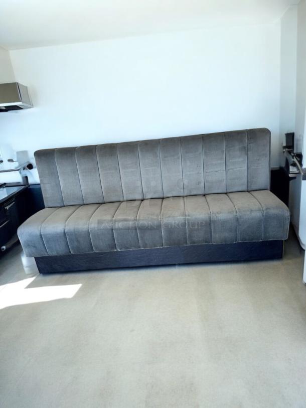 Upholstered restaurant booth bench, 82" wide, excellent condition, grey fabric, tested and ready for use.