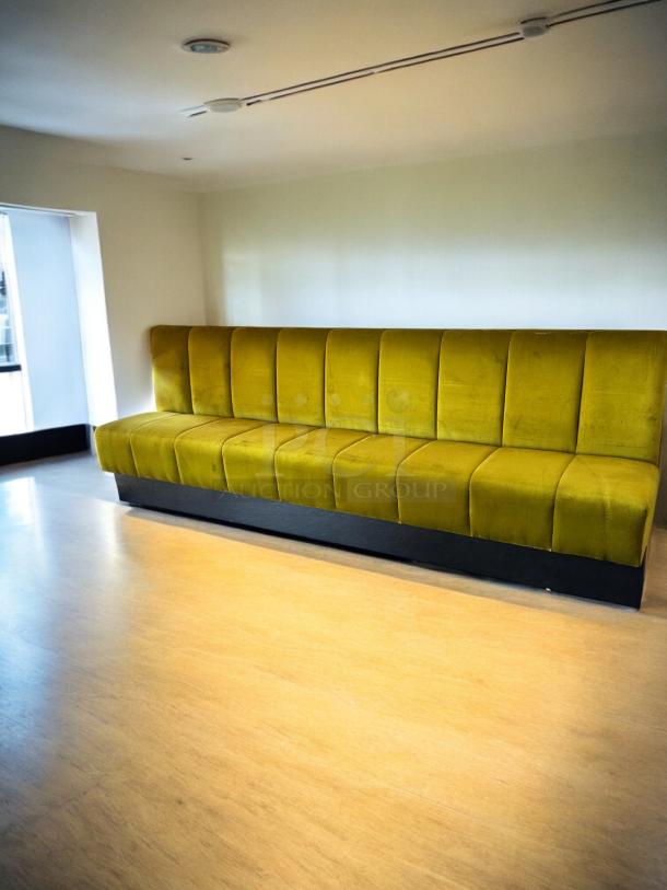 Custom upholstered banquette bench, 109"W x 35"D x 38"H, excellent condition, vibrant green fabric, fully cleaned.