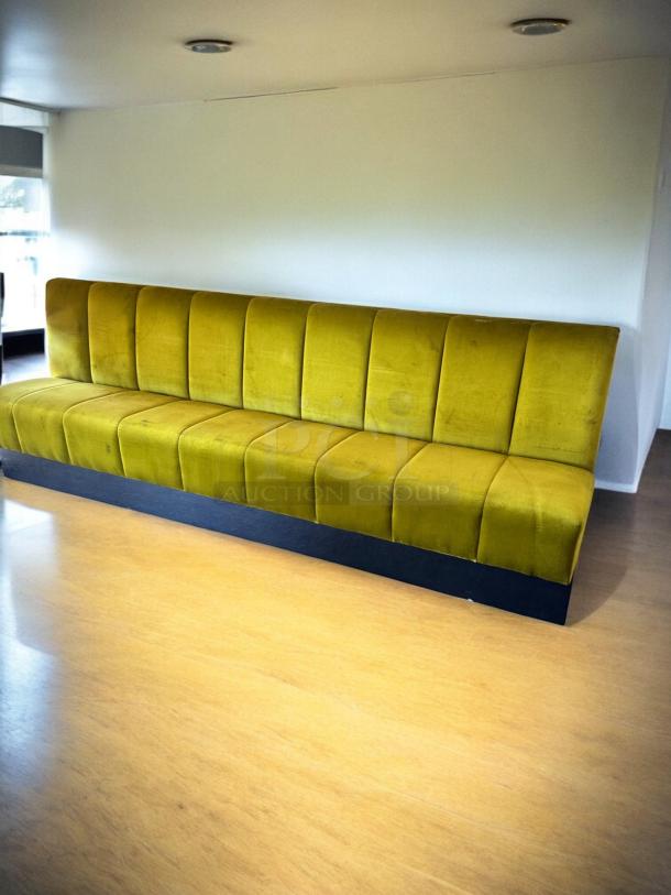 Custom upholstered banquette bench, 109"W x 35"D x 38"H, in excellent condition, fully cleaned and ready for use.