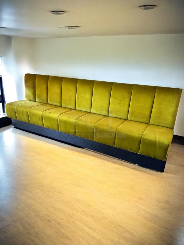 Custom upholstered banquette bench, 109"W x 35"D x 38"H, in excellent condition, olive green fabric, fully cleaned.