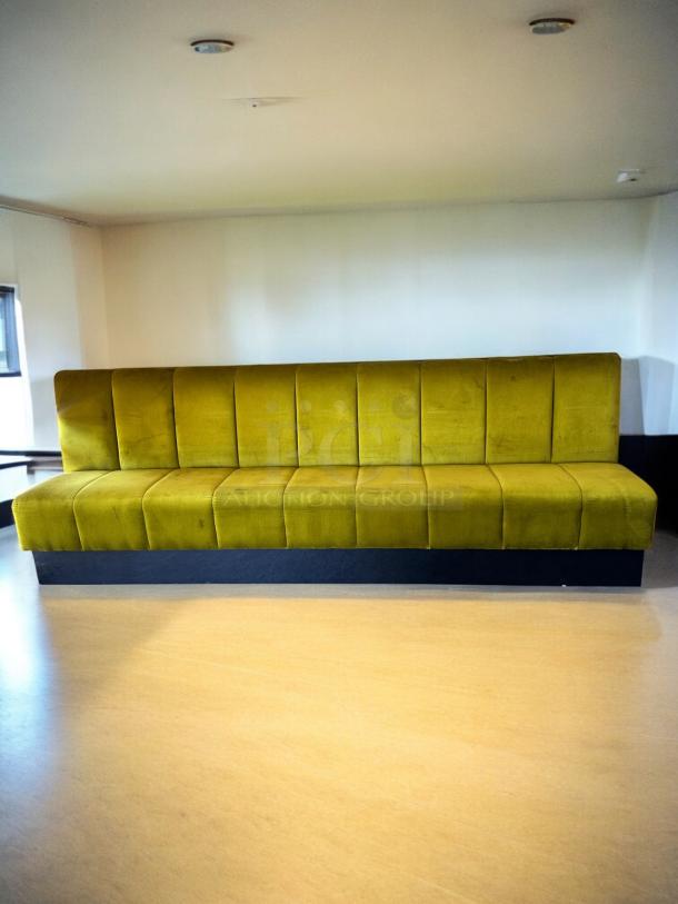 Custom upholstered banquette bench in olive green, 109"W x 35"D x 38"H, excellent condition, fully cleaned and ready for use.