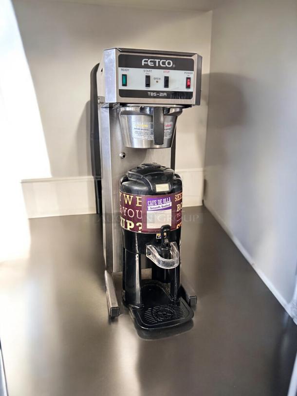Fetco TBS-21A tea brewer in excellent condition, 120V, fully tested and working, with control buttons and label visible.