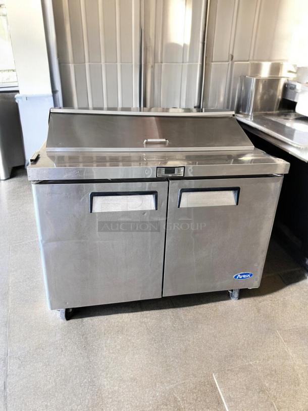 Atosa MSF8302 48" two-door salad prep table refrigerator, excellent condition, stainless steel, 115V, fully tested and working.