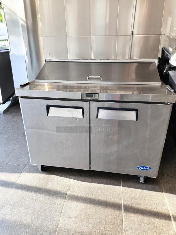 Atosa MSF8302 48" two-door salad prep table refrigerator in excellent condition, fully tested and working, model MSF8302.