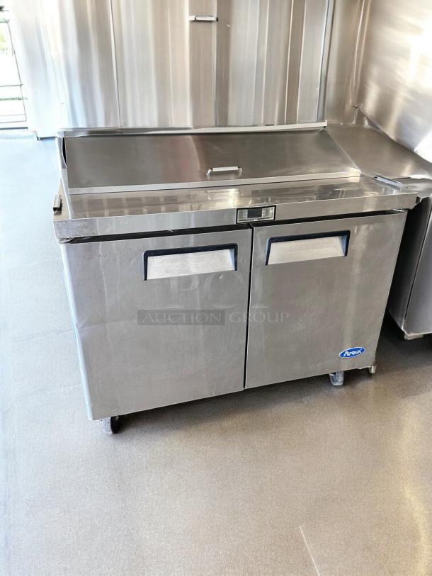 Atosa MSF8302 48" two-door salad prep table refrigerator in excellent condition, 115V, fully tested, stainless steel finish.