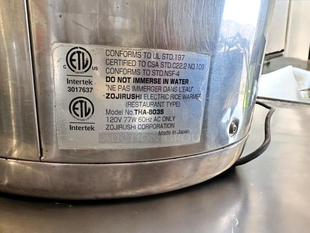 Zojirushi THA-803S electric rice warmer, excellent condition, 120V, tested, "Do Not Immerse in Water" label, made in Japan.