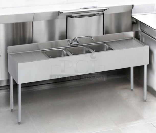 3-compartment stainless steel bar sink with dual drainboards, 72" x 24" x 35", excellent condition, fully tested.