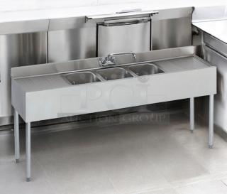 3-compartment stainless steel bar sink with dual drainboards, 72" x 24" x 35", excellent condition, fully tested.