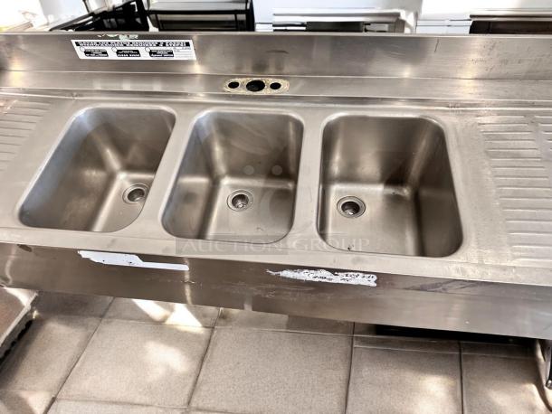 Excellent condition 3-compartment stainless steel bar sink with dual drainboards, 72"x24"x35", fully tested.