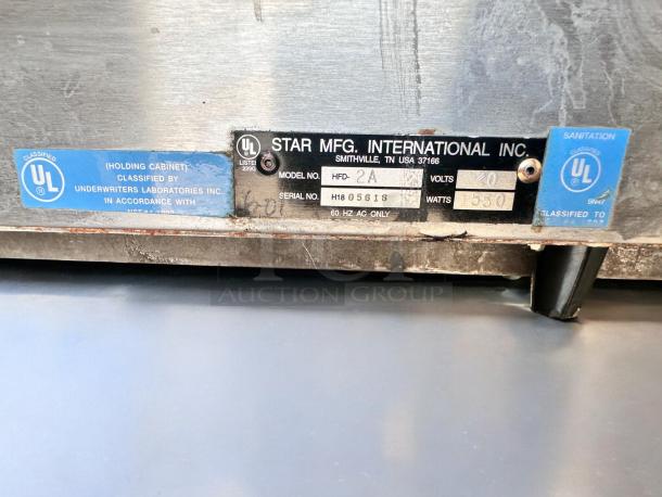Star HFD-2A heated display cabinet label, UL classified, 120V, 1550 watts, serial no. H18 05816, excellent condition.