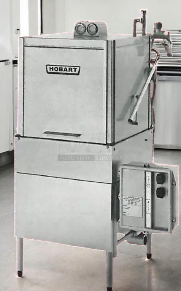 Hobart AM-12 high-temp door-type dishwasher in excellent condition, 208-240V, fully tested and operational.