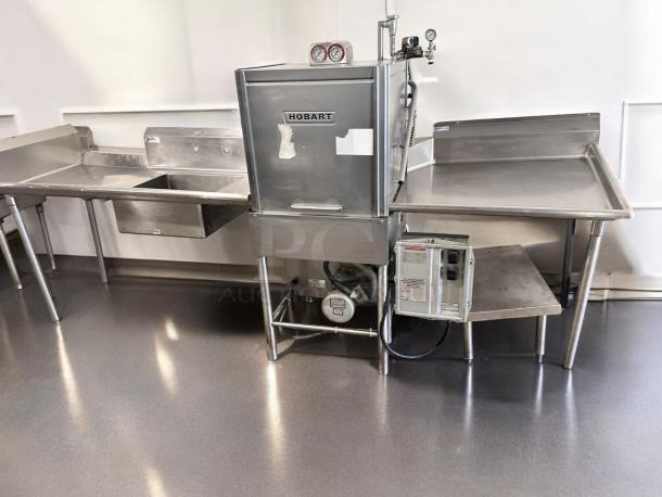Hobart AM-12 high temp door-type dishwasher in excellent condition, 208–240V, fully tested and working, stainless steel.