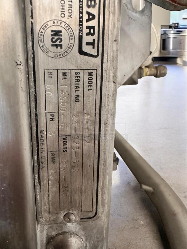 Hobart AM-12 high temp door-type dishwasher label showing model, serial number, 208-240V, fully tested, excellent condition.