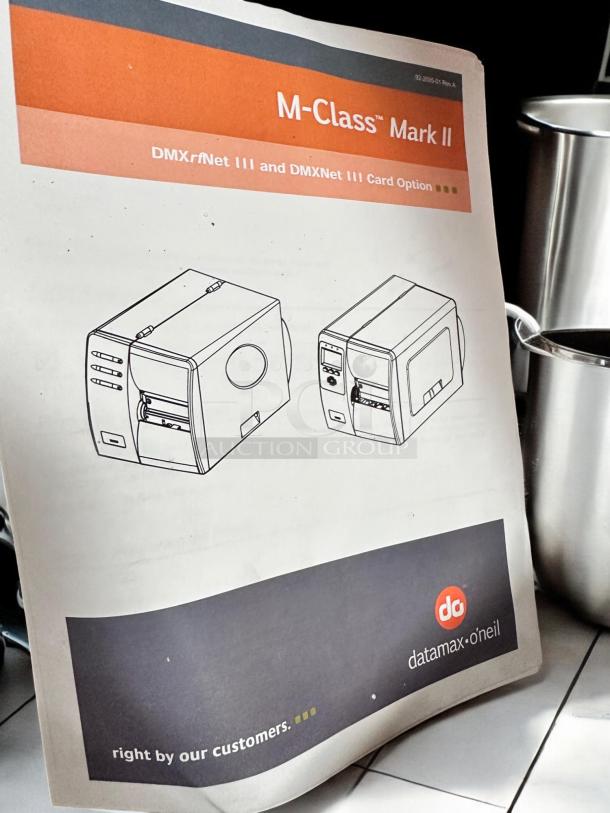 Datamax-O'Neil DMX-M-4210 industrial label printer brochure, featuring M-Class Mark II design and network options.