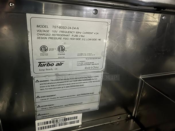 Turbo Air TST-60SD-24-D4-N model label. Features 115V, 60Hz frequency, and R-290 refrigerant. Made in China.