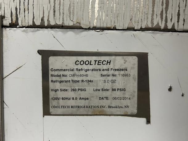 Cooltech Bakery Pastry Display Case label, model CMPH-60HB, R-134a refrigerant, 8.0 oz capacity, made 06/2014, serial 116953.
