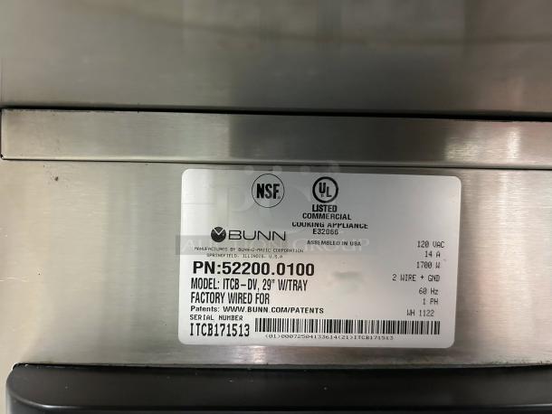 Bunn 52200.0100 ITCB-DV Brewer label, NSF and UL listed, dual voltage, 120 VAC, 1700 W, excellent condition, fully tested.