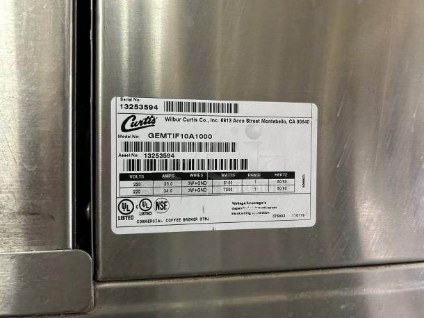 Curtis GEMTIF10A1000 G3 Gemini IntelliFresh Twin 1.5 Gallon Coffee Brewer label, excellent condition, 220V, serial no. 13253594.