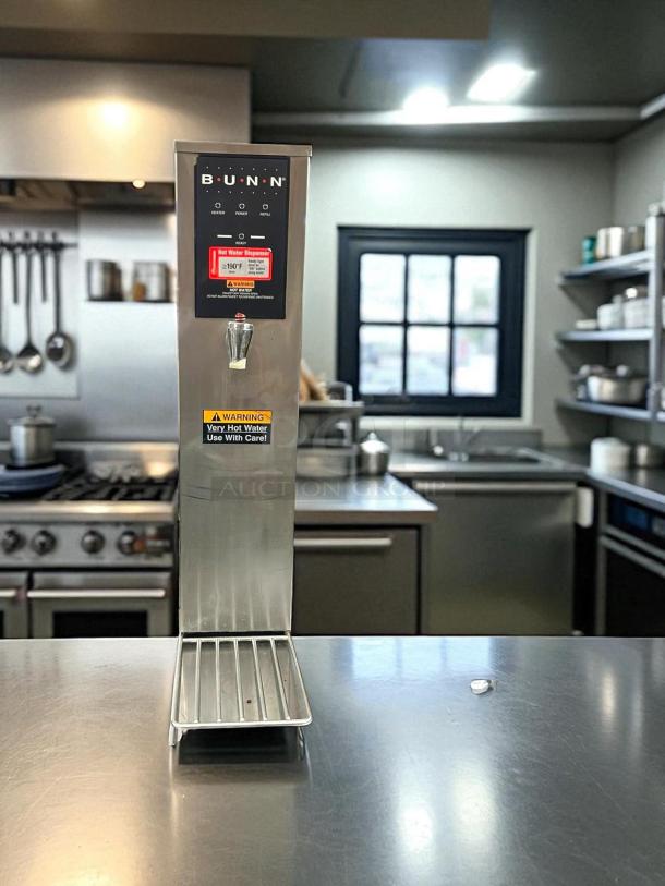 Bunn H5X-40-208 Hot Water Dispenser in excellent condition, fully tested, featuring digital display and temperature warning label.