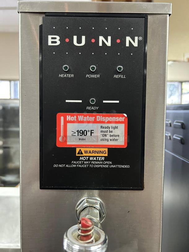 Bunn H5X-40-208 hot water dispenser, model 12500.0027, fully tested, excellent condition, temperature warning label visible.