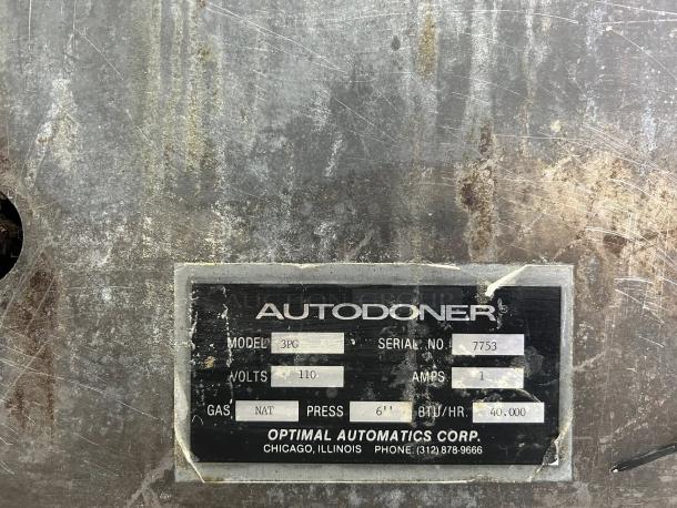 Optimal Automatics 3PG Autodoner label showing model, serial number, voltage, gas type, and BTU/hr details.